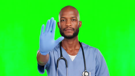 No,-serious-and-hand-of-nurse-on-green-screen