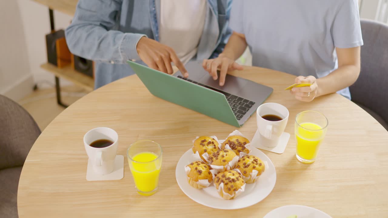 People shopping online with a laptop and credit card while having breakfast with muffins, coffee, and orange juice