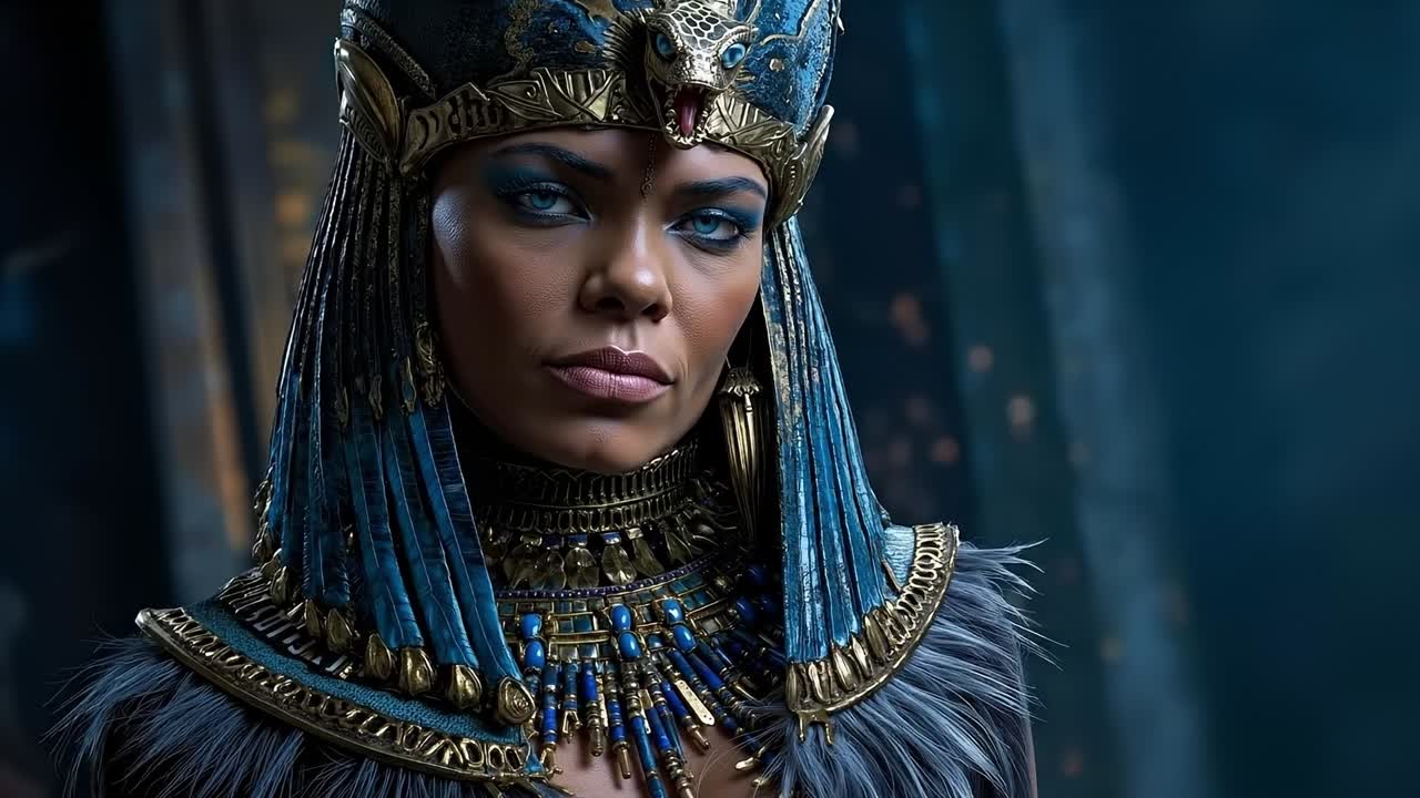 A woman wearing a headdress with a crown on her head