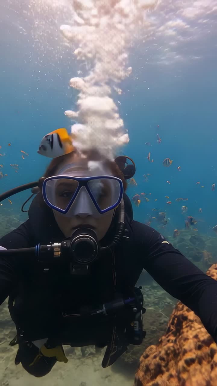 Vertical video: Exhaling scuba diver releasing bubble plume above coral reef, drawing reef fish