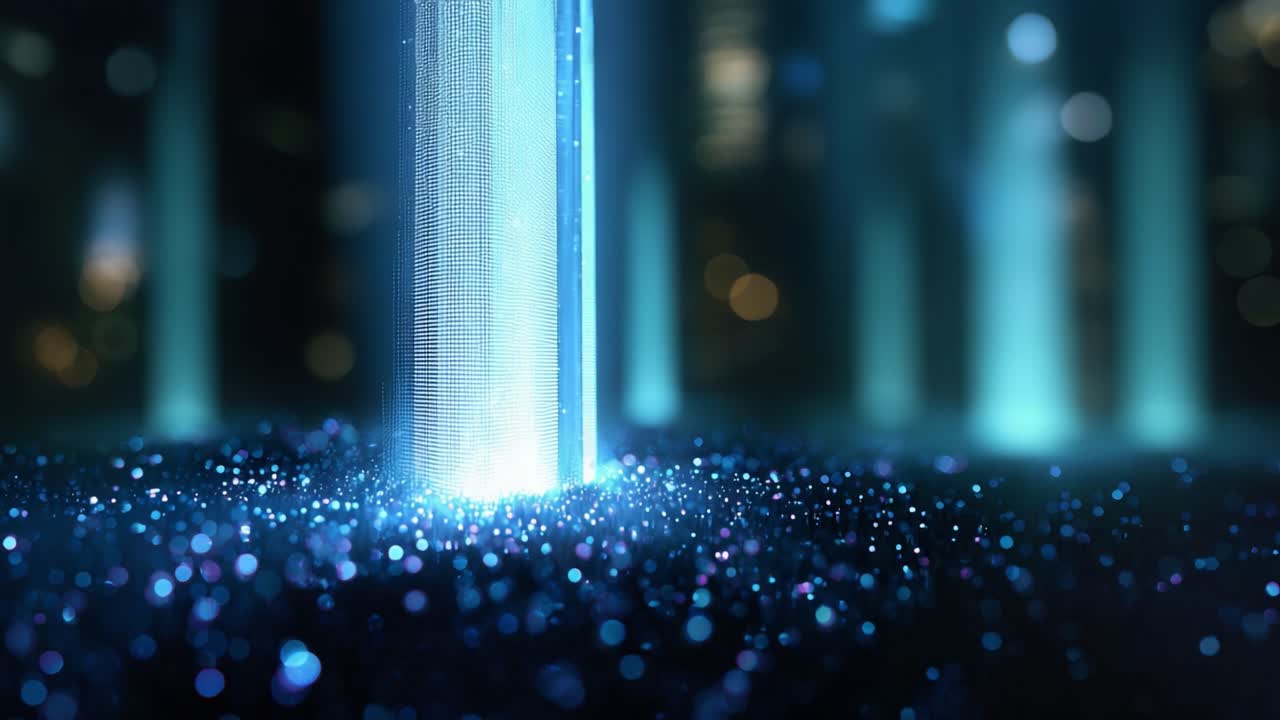 Mesmerizing Flow of Light: A Digital Cascade Creating a Shimmering Display of Particles in an Ethereal, Abstract Environment Bathed in Blue and Purple Hues