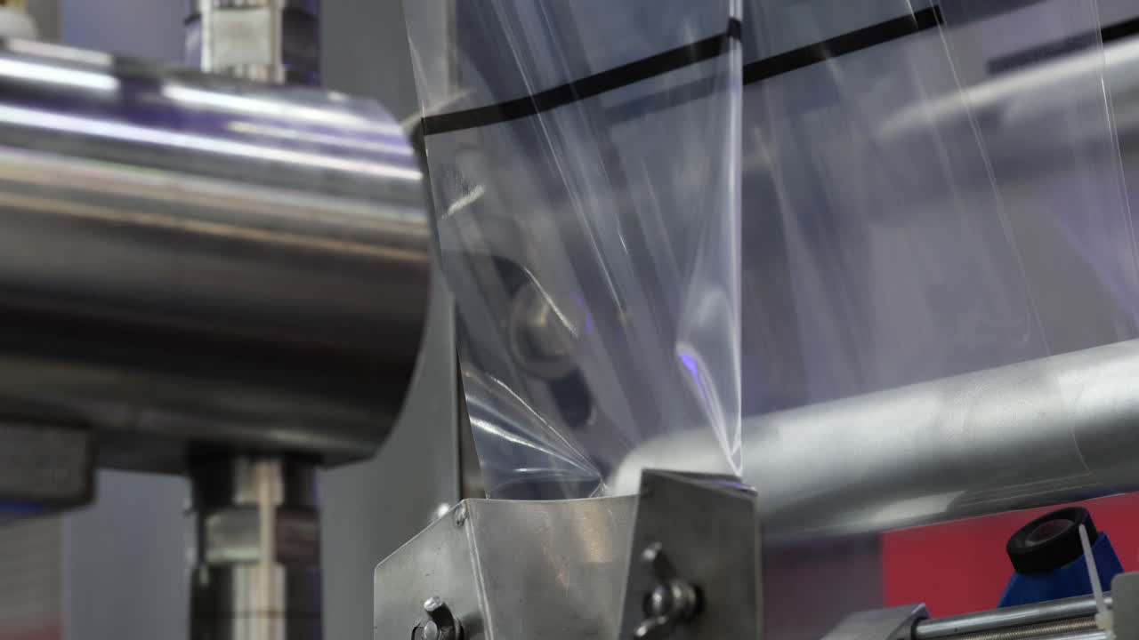 Clear Plastic Film Moving Through an Industrial Packaging Machine