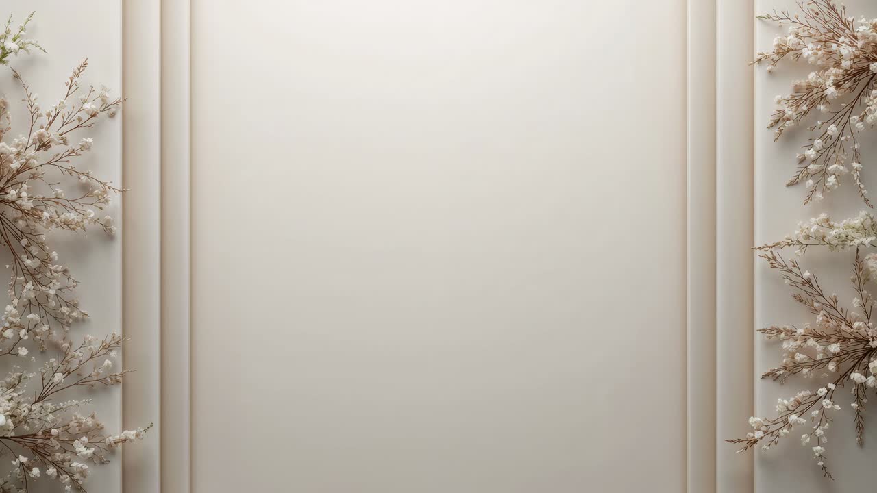 Pushing camera revealing beige panel to expose baseboard on studio wall with dried branches