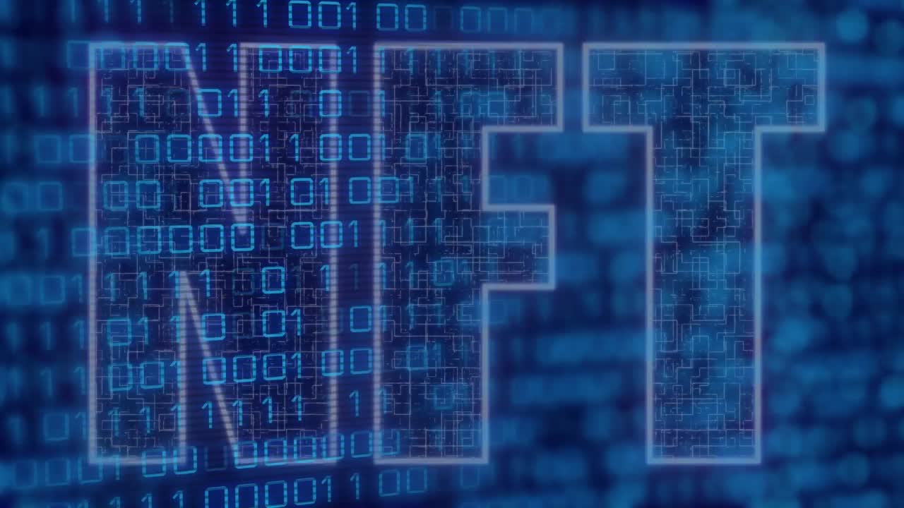 Animation of digital data processing and nft text over blue background