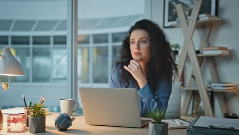 worker think business ideas in evening office. busy manager work typing laptop