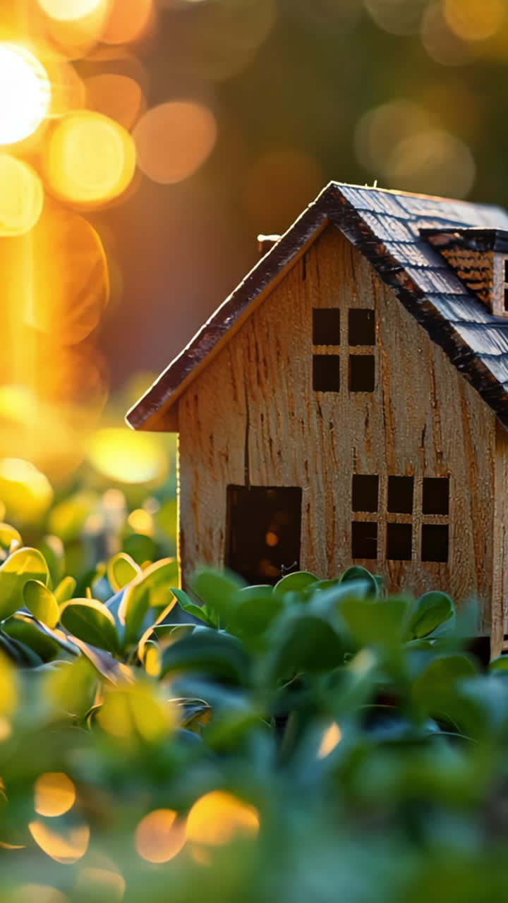 A small wooden house is sitting in a field of green grass. The house is ...