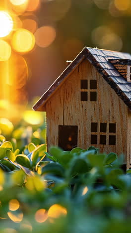 ein kleines holzhaus sitzt in einem feld mit grünem gras. das haus ist von großem gras umgeben und die sonne scheint hell darauf. die szene ist friedlich und ruhig