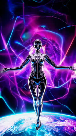 metallic android meditating over a planet with cosmic energy