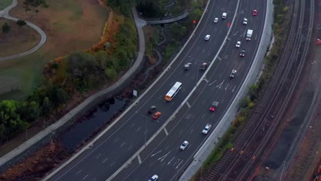 Aerial-top-down-view-of-Fast-moving-traffic-on-Brisbane's-Inner-City-Bypass-in-the-morning