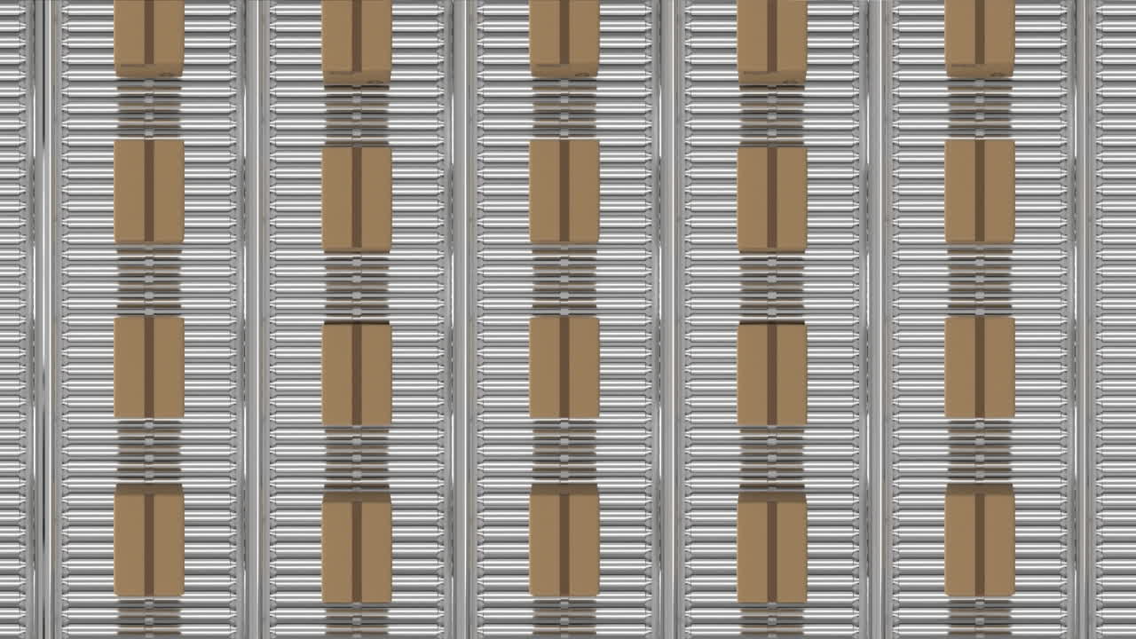 창고에서 컨베이어 벨트에 움직이는 카드보드 상자의 애니메이션