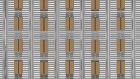 Animation of cardboard boxes moving on conveyor belts in warehouse