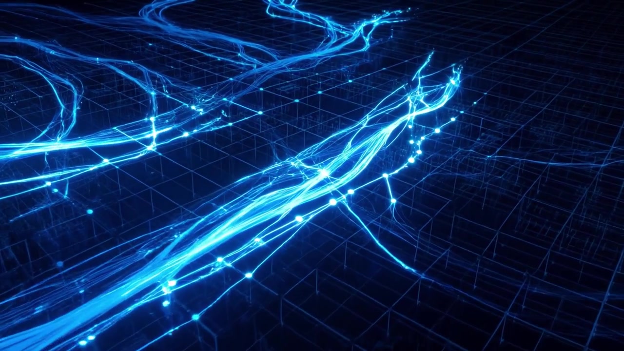 Abstract Digital Network Flowing Through a Glowing Grid
