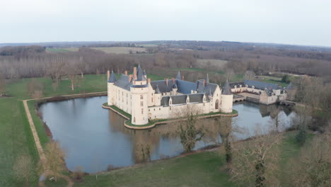 Aerial-drone-point-of-view-of-the-Chateau-du-Plessis-Bourre-in-the-Loire-Valley,-France