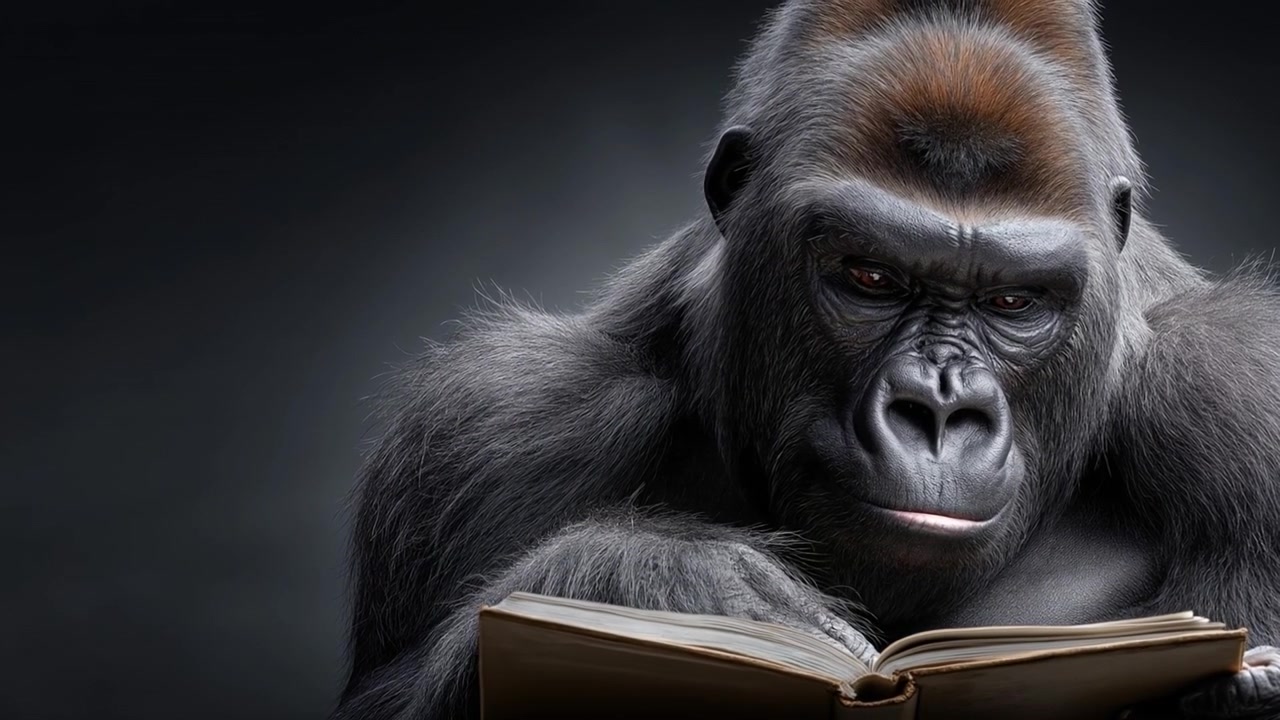 Intelligent gorilla sidder i svag belysning, kigger ned og læser en åben bog i sine hænder.