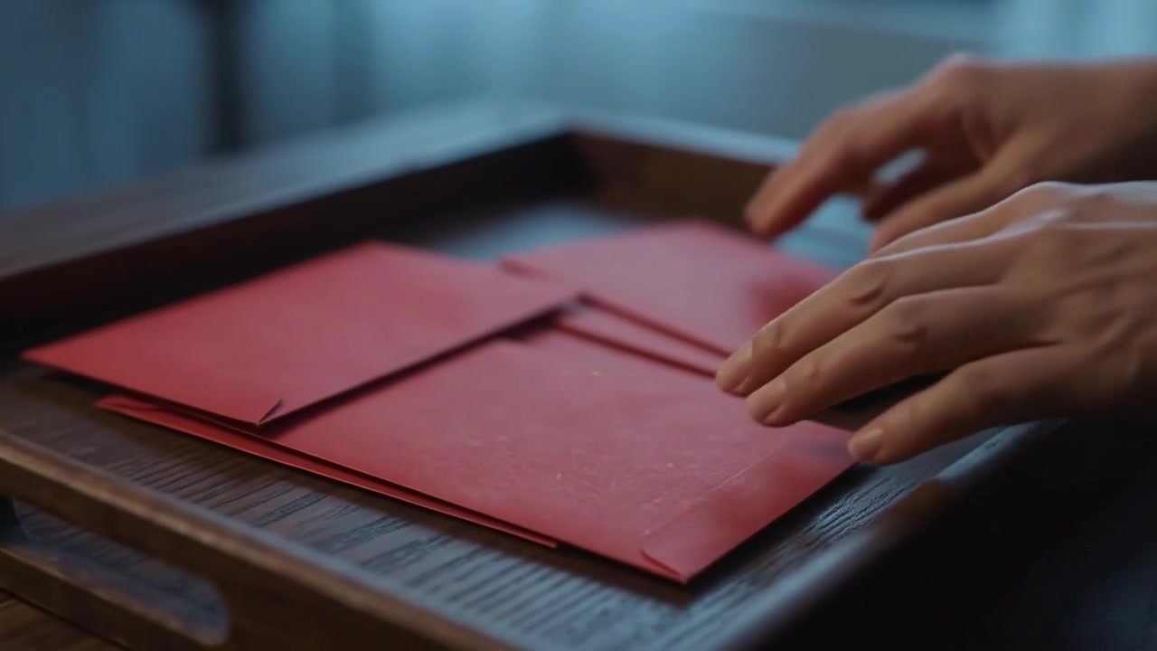 Hands Placing Red Envelopes on a Wooden Tray