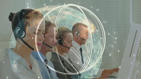 Animation-of-data-processing-over-diverse-business-people-using-phone-headsets