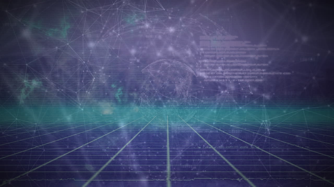 Animation of connecting dots sphere moving with data over grid patterned playground