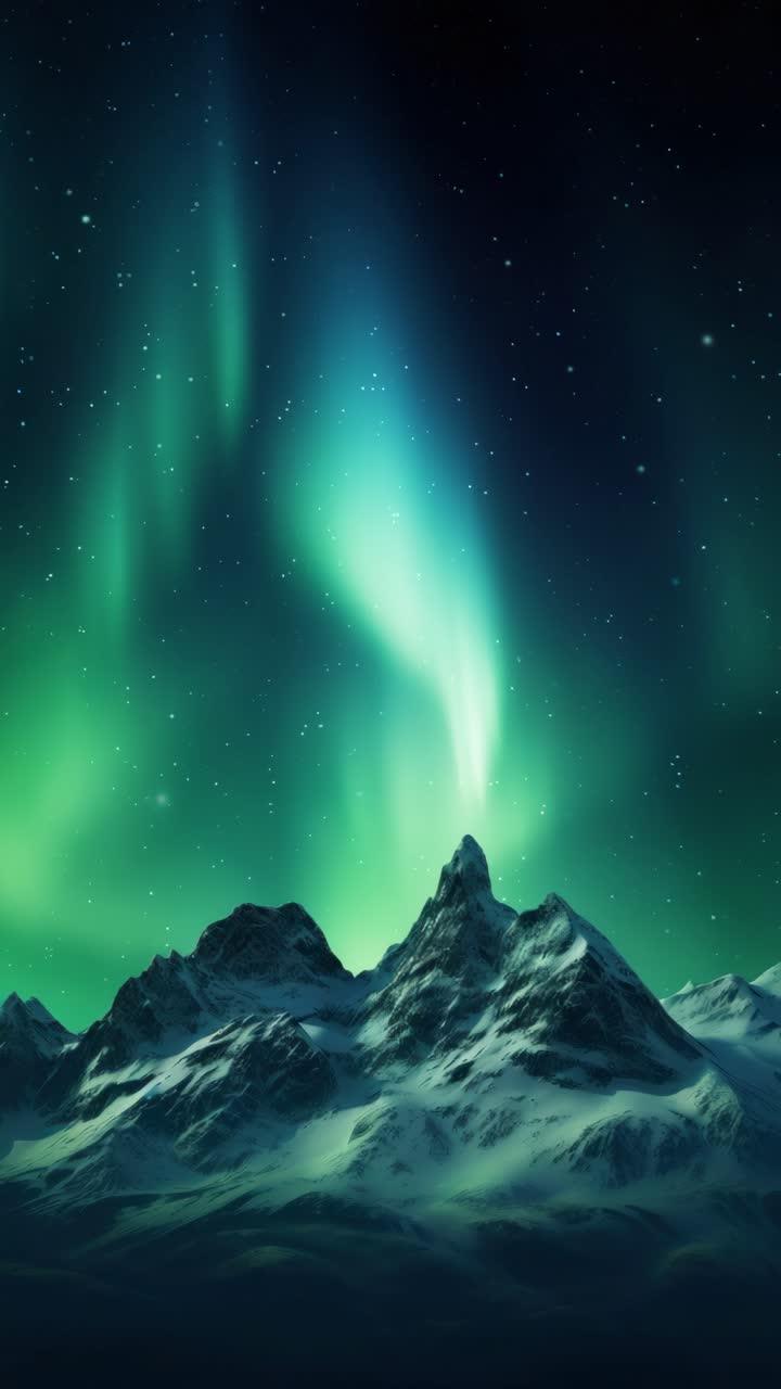 A stunning vertical video shot of snow-capped mountains under the aurora borealis