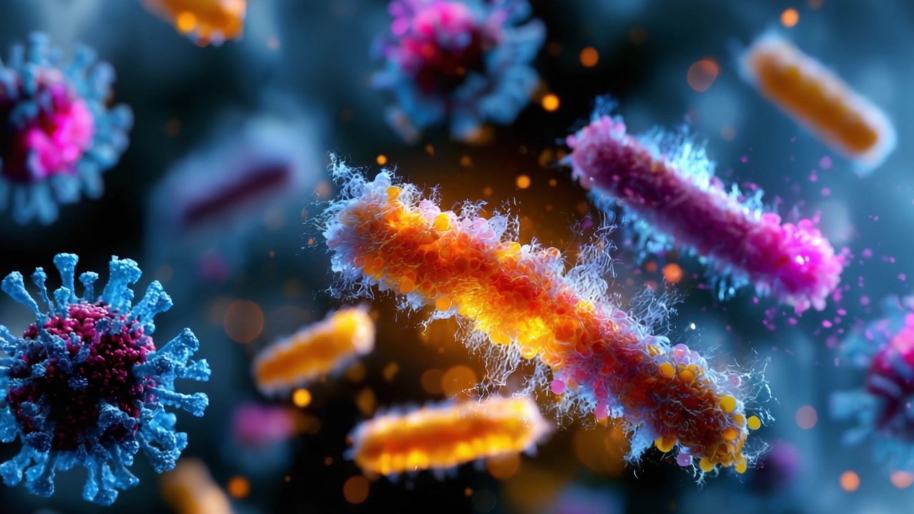 Intrincado Universo Microbiano: Una Impresionante Exploración Visual de Bacterias y Virus en un Entorno Colorido e Hipotético Lleno de Vida y Movimiento.