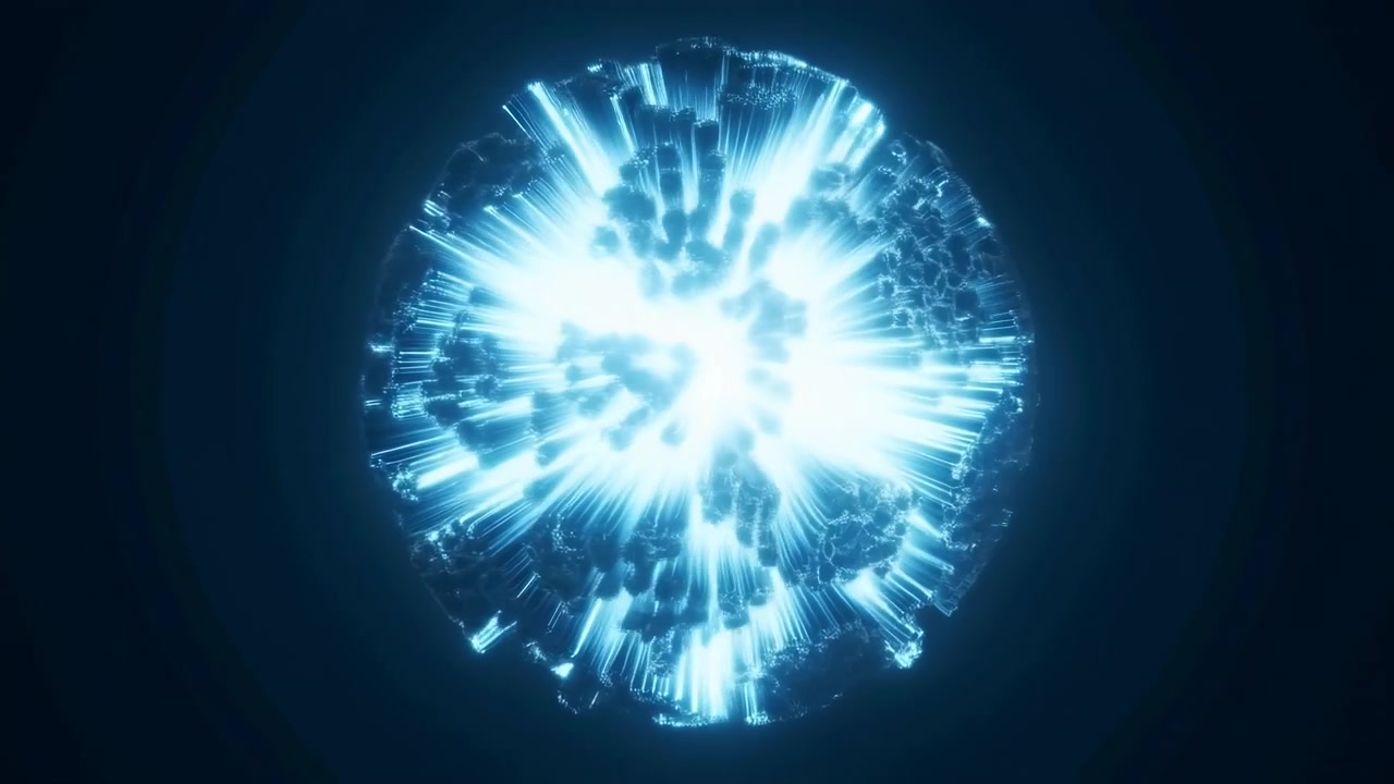 Frontal closeup of centered luminous sphere with cyan blue core, bright radial beams, soft halo, glossy surface, dark backdrop, strong contrast, abstract energy and modern digital style