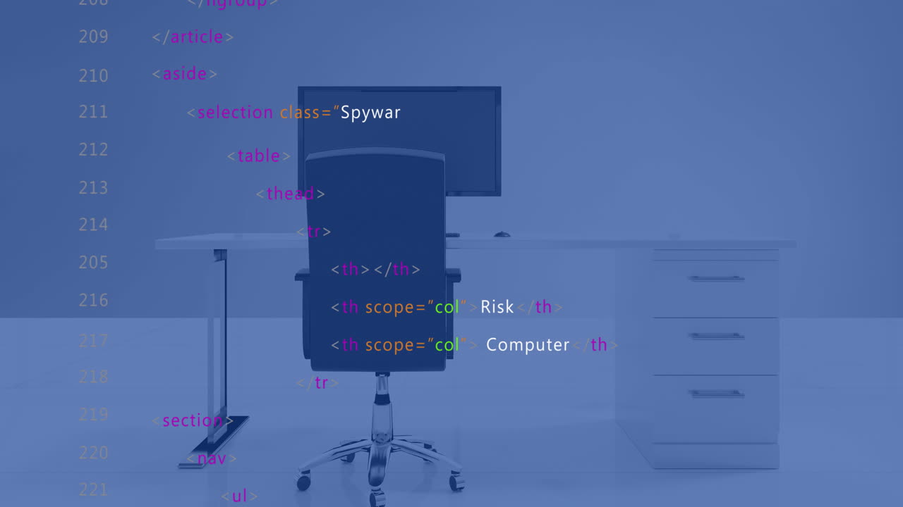 Animation of data processing and statistics over computer on office desk on blue background