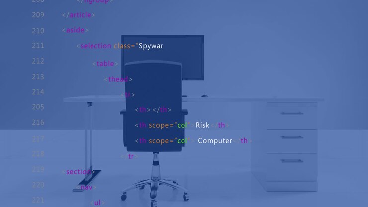 Animation of data processing and statistics over computer on office desk on blue background