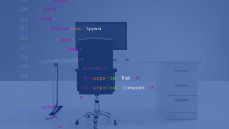 animación de procesamiento de datos y estadísticas en computadora en el escritorio de la oficina sobre fondo azul