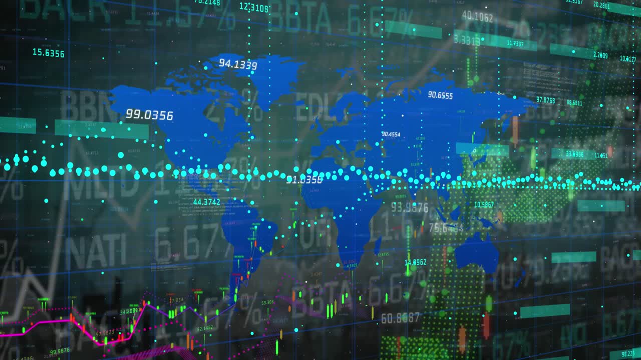 Animation of financial data processing over dark background