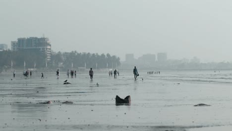 Menschen,-Die-In-Der-Ferne-Zeitlupe-An-Einem-Strand-Spazieren