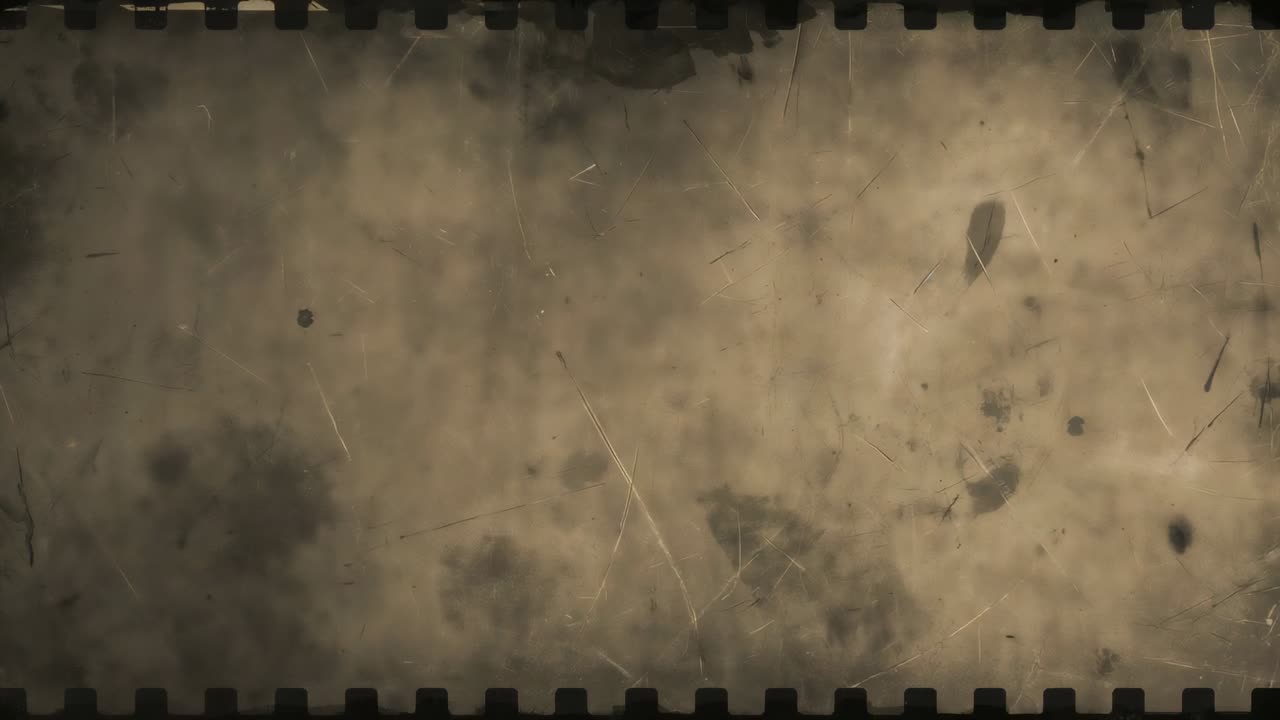 Advancing film revealing stained emulsion receding right on film frame, with smudge and sprockets