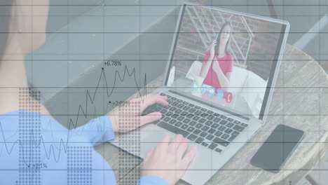 animación de gráficos financieros y datos sobre las manos de una mujer de negocios caucásica haciendo una videollamada