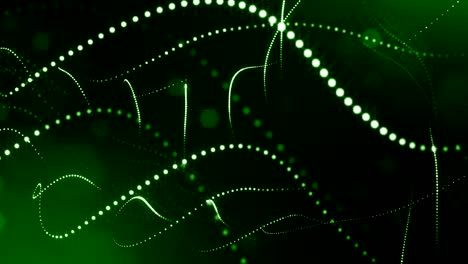 3d green background with fantastic luminous particles. looped 3d animation with depth of field, light effects. modern digital background. curved lines 15