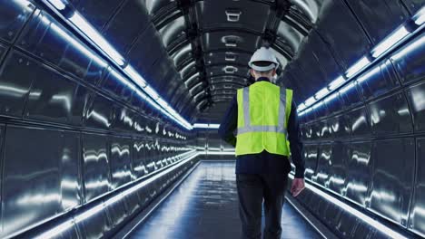 engineer walking through a modern, futuristic tunnel