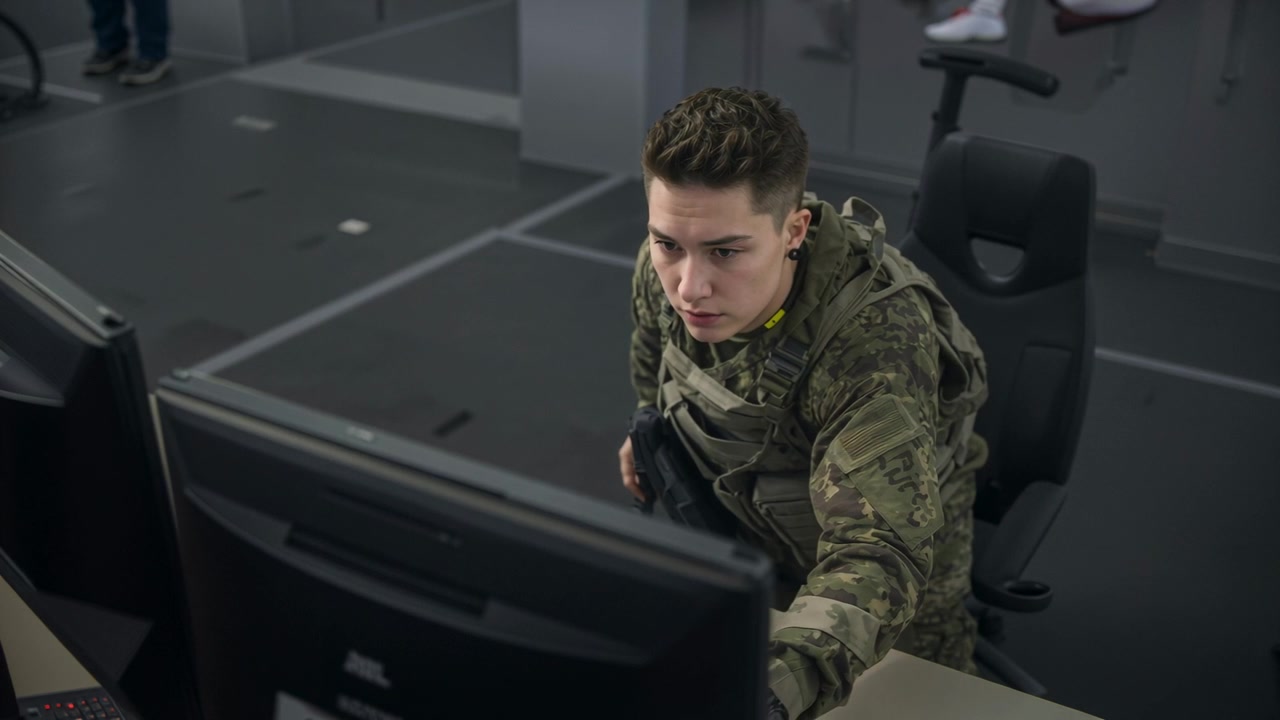 Soldato in giubbotto tattico mimetico, chinato alla scrivania, che allunga la mano destra verso i controlli, operando il monitor.
