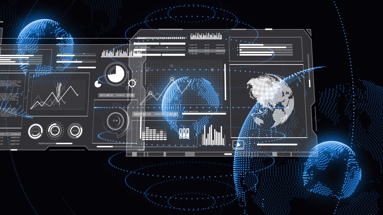 animación de gráficos, barras de carga y círculos con globo sobre fondo negro