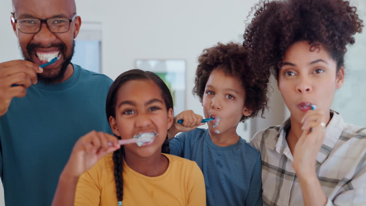 Dental, love and happy family brushing teeth