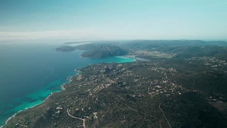 high altitude aerial, drone footage, coastline panorama, corsica