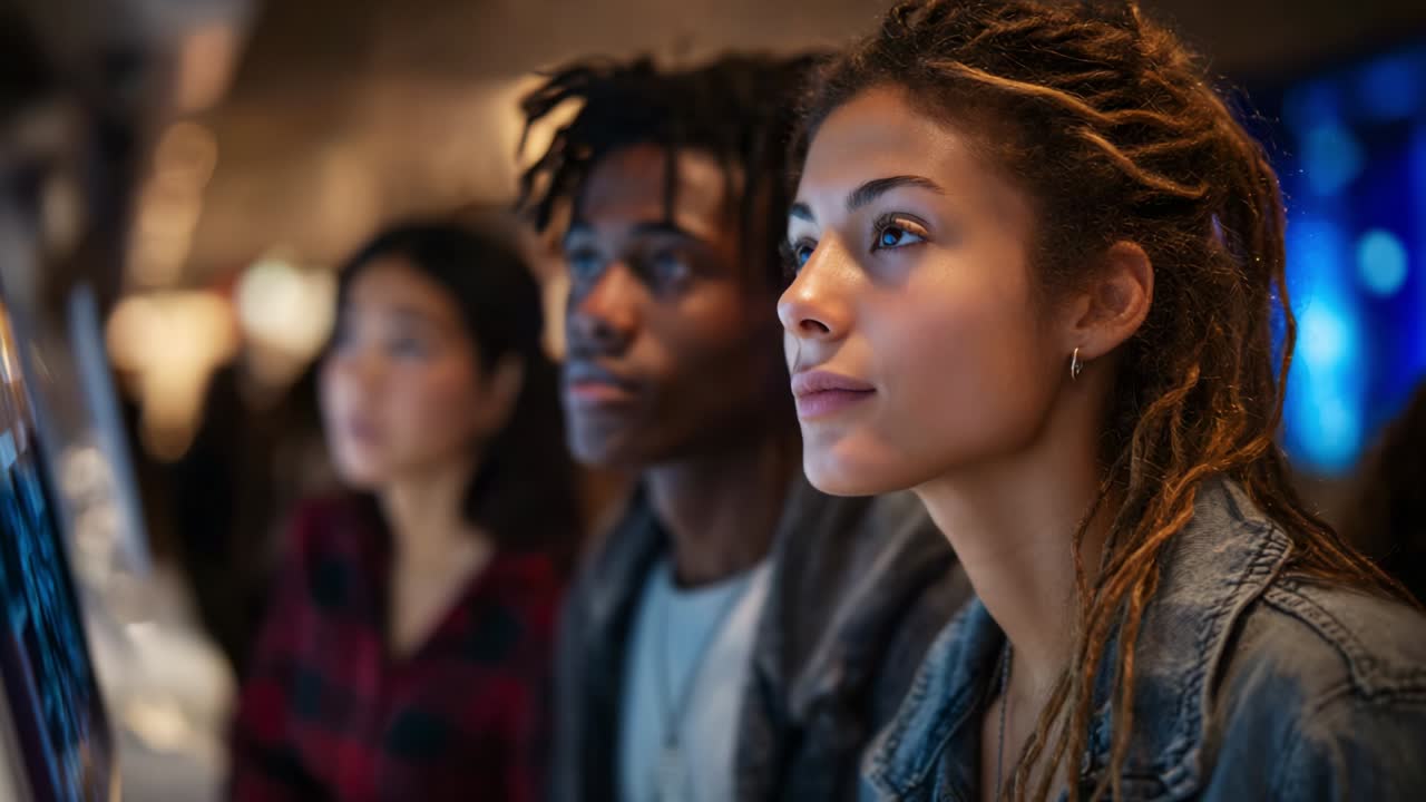 A Diverse Group of Young Adults Engaged in a Fascinating Digital Experience, Deeply Focused on Interactive Screens, Representing Modern Technology and Collective Learning in a Dynamic Environment