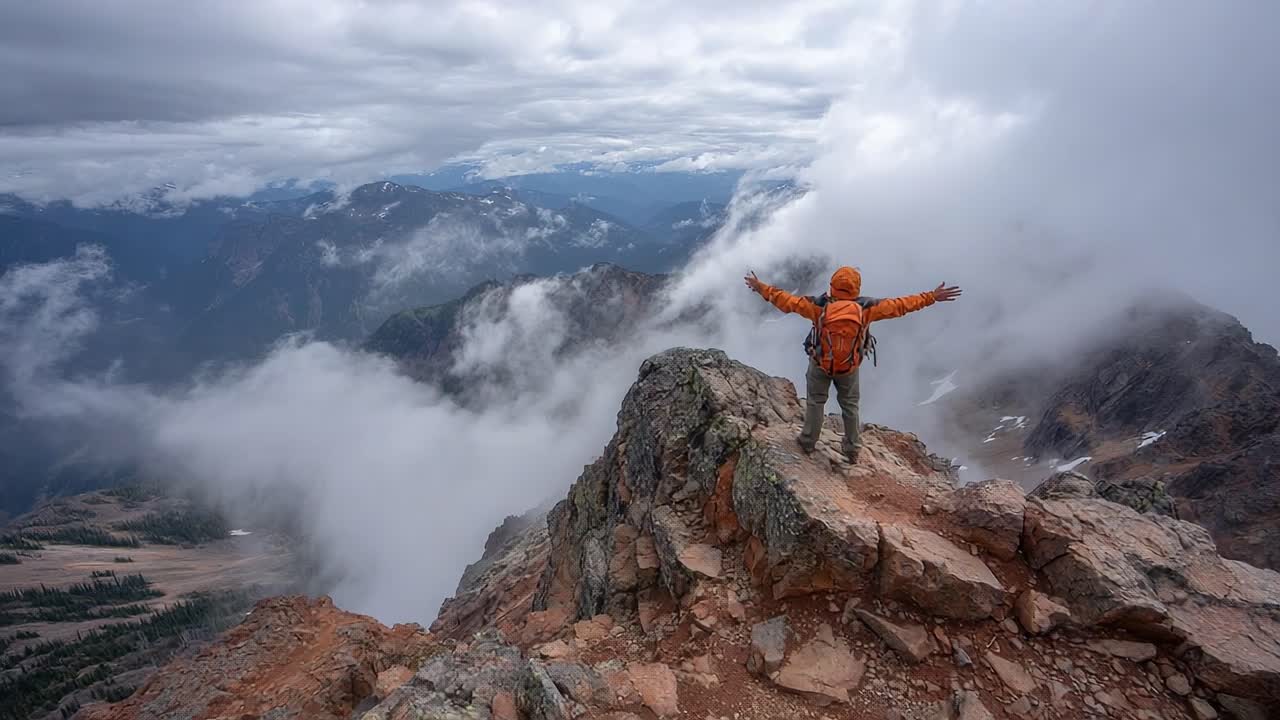 A Bold Hiker Celebrates Triumph at a Cloud-Covered Mountain Summit, Embracing Nature's Majesty and the Thrill of Adventure Beneath the Expansive Sky