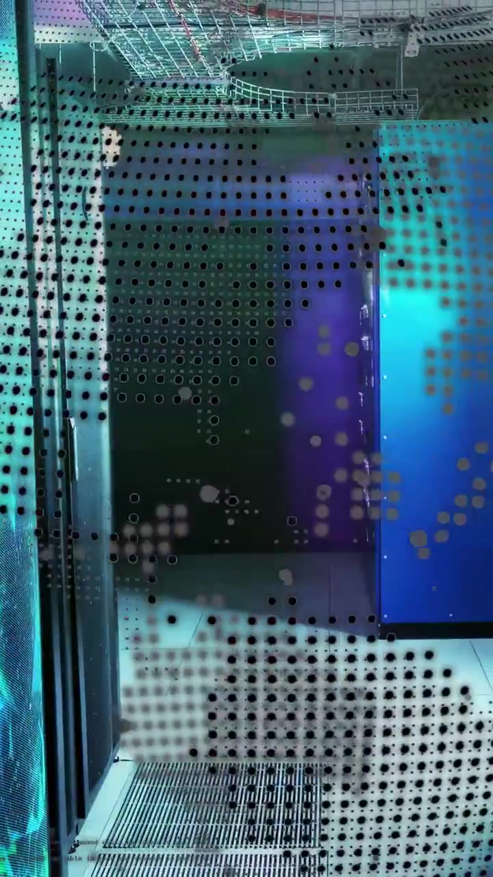 Vertical video: View sliding right and down revealing blue cabinet with moving dots for inspection