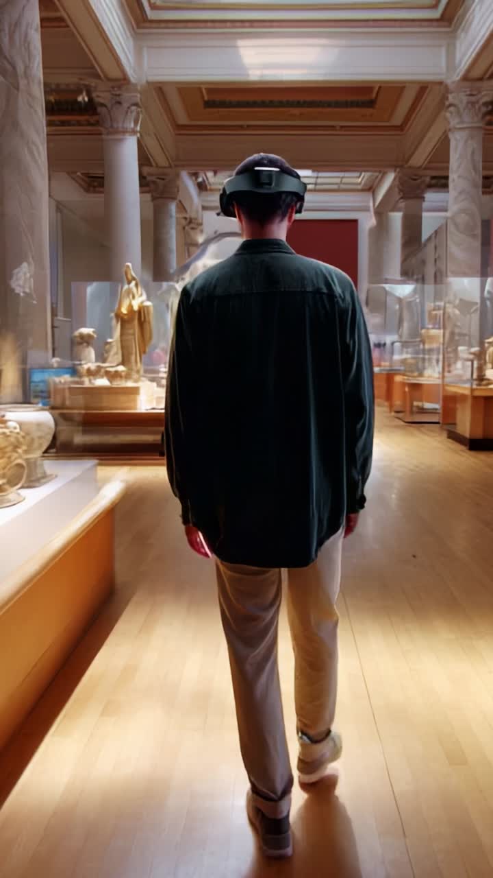 Exploring a Museum: A Visitor Walks Among Ancient Sculptures and Artifacts in a Beautifully Designed Exhibition Space Filled with Cultural Treasures