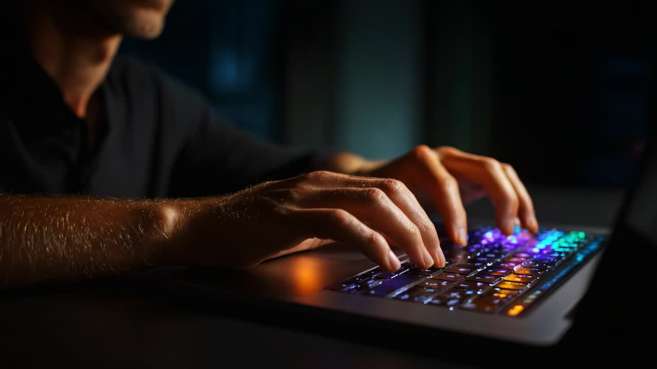 A Close-Up Look at Hands Typing on a Colorful Backlit Keyboard in a Dimly Lit Environment, Highlighting the Contrast Between Light and Shadow in a Modern Digital Workspace