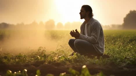 a man prays in a field at sunrise