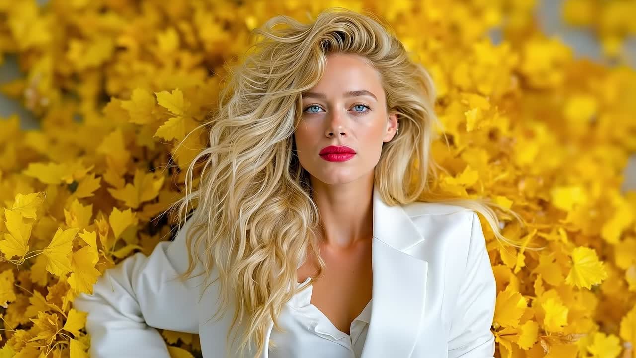 A woman in a white suit surrounded by yellow leaves