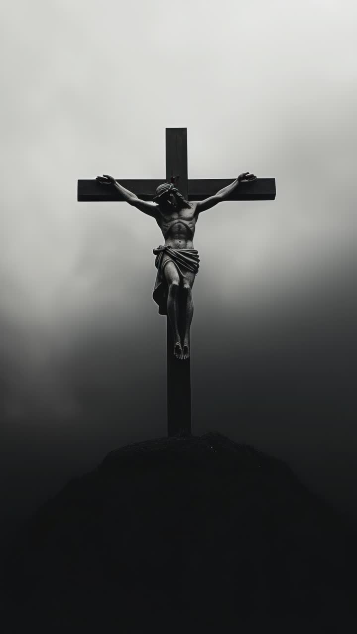 Dramatic low-angle shot of a crucifix against a moody sky, capturing a somber, cinematic video style