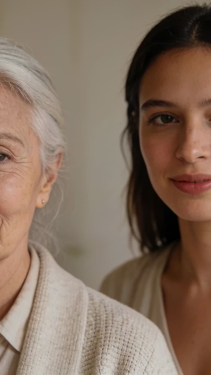 Vertical video: Camera starting, posing two women for portrait at home, wearing cardigan and blouse