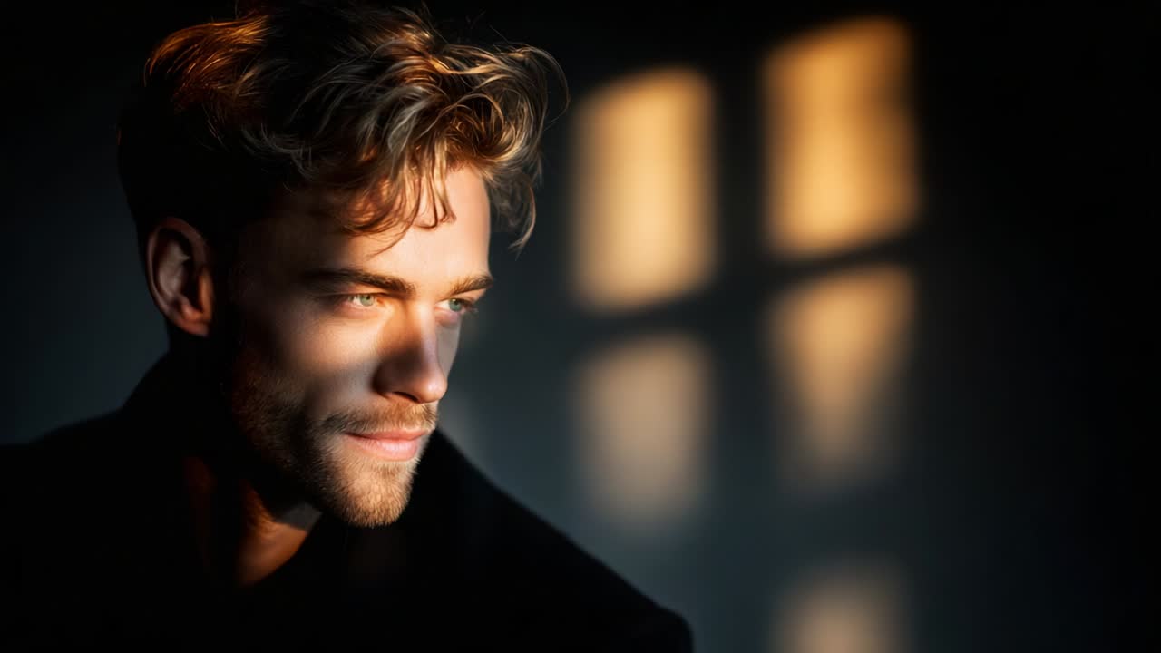 A Captivating Portrait of a Thoughtful Man Bathed in Soft Light and Shadows, Reflecting Depth and Emotion in His Expression, Capturing a Moment of Introspection and Serenity