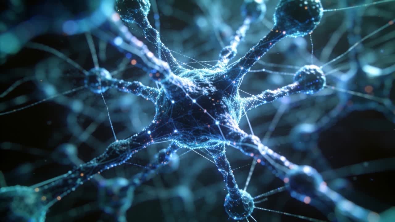 Zooming camera pull, central soma emitting glowing dots moving through neural web sending signals