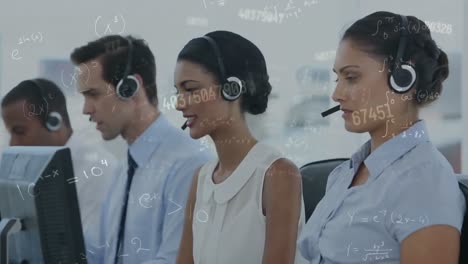 Animation-of-numbers-over-business-people-using-phone-headsets