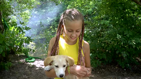 a girl stroking a dog